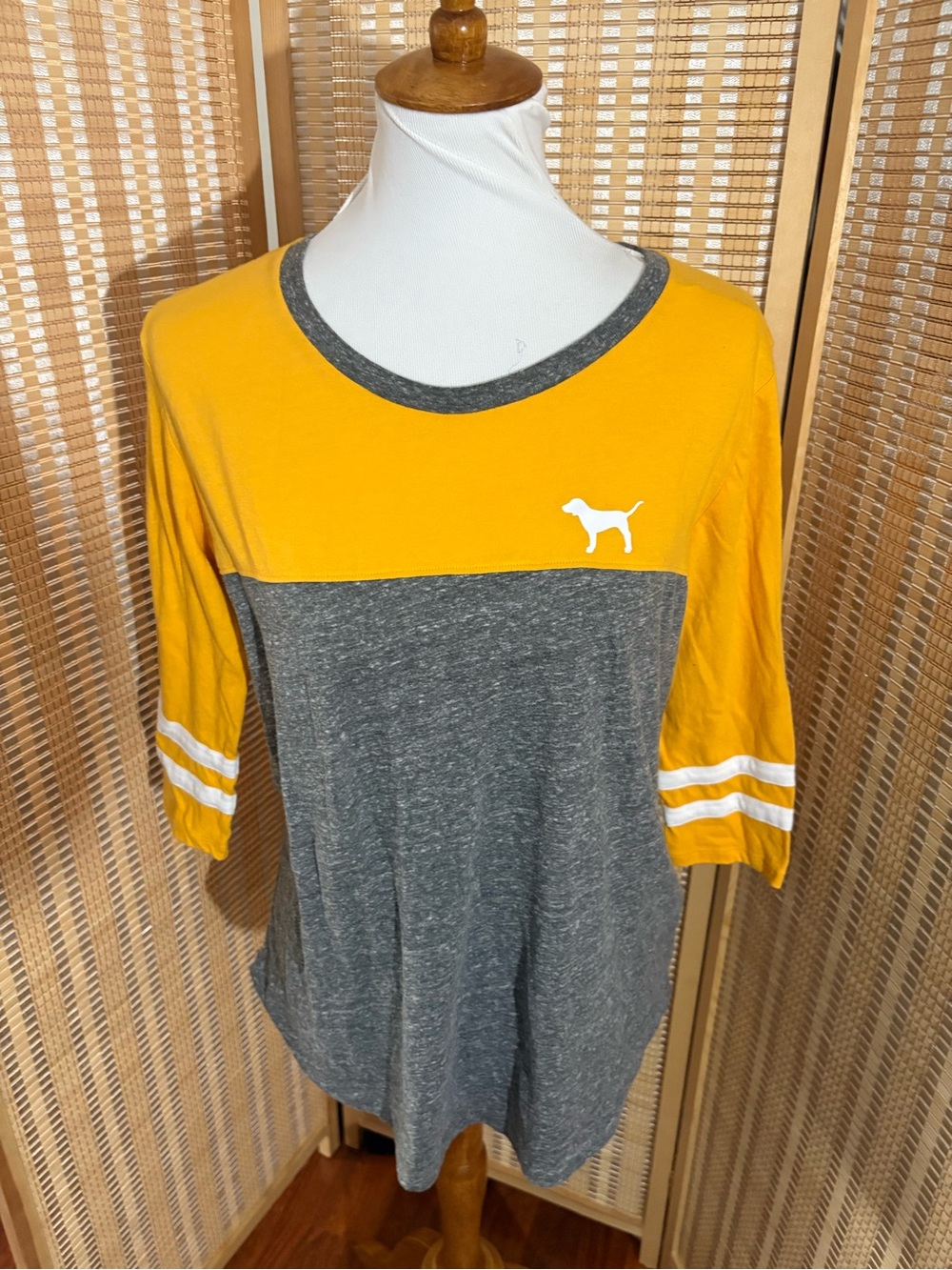 PINK Victoria's Secret Yellow and Gray Colorblock 3/4 Sleeve Tee